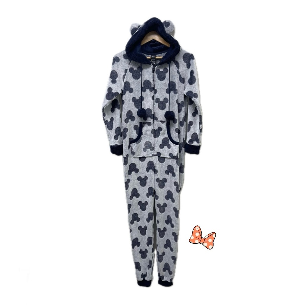 DISNEY Mickey Mouse Navy Blue & Grey Cozy Faux Fur Zip-Up Onesie Pajamas❄️ “S”